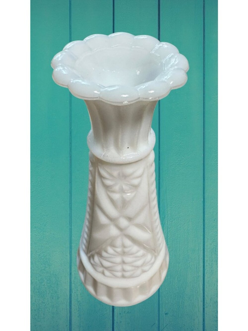 Vintage White Milk Glass Bud Vase 6" Tall Textured Floral Design Scalloped Edge